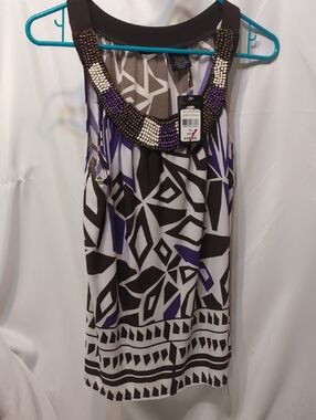 Nue Options Beaded Neckline Geometric Print Tank Top - Purple/Black Size Lg P